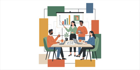 Group of business professionals in a productive discussion at a conference meeting A bold yet minimalist composition with handcrafted textures, geometric forms, and clean color blocks. A modern and el