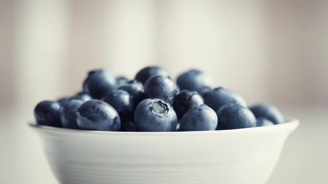 A white bowl full of fresh blueberries.