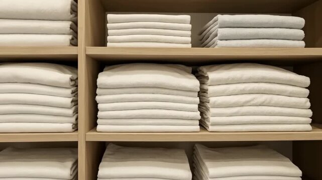 Organized linen closet transformation: perfectly stacked towels and textiles