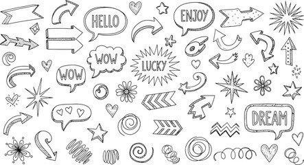 Hand Drawn Doodles with Speech Bubbles, Arrows, Hearts, Stars on White Background