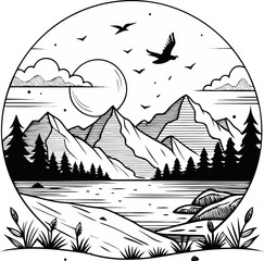 Sunset over lake with birds flying, scenic landscape coloring book design line art vector line art vector art black and white