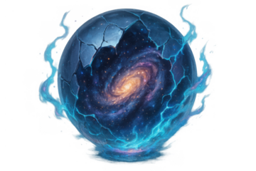 Cosmic galaxy orb breaking apart with space vortex and glowing magical energy, creating a portal to the universe