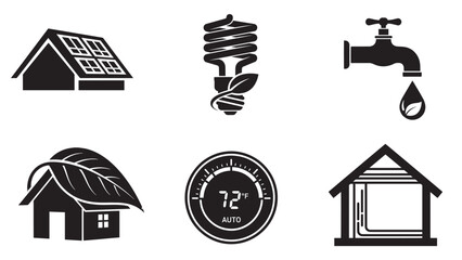 sustainable living and home energy silhouettes collection minimal black eco vector icon set