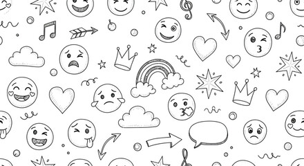Hand Drawn Emoji Pattern with Clouds, Hearts, Rainbow and Crown on White Background