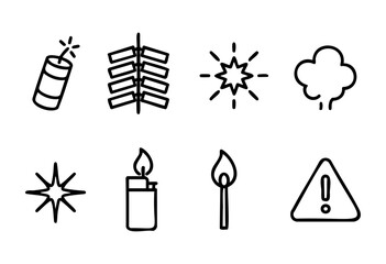 This illustration features various symbols related to fireworks and safety. It includes fireworks, matches, a lighter, and caution signs depicting celebration and necessary precautions.
