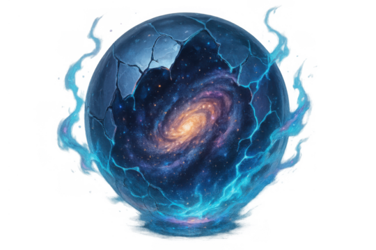 Cosmic galaxy orb breaking apart with space vortex and glowing magical energy, creating a portal to the universe