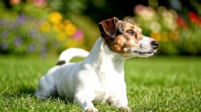 Relaxed small dog lying in lush green grass, glistening in sunlight, captures essence of loyal companion like Jacks OSP, perfect for use as background or overlay in cooking shows, restaurants.