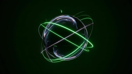 Abstract sphere with glowing green light trails on dark background - Powered by Adobe