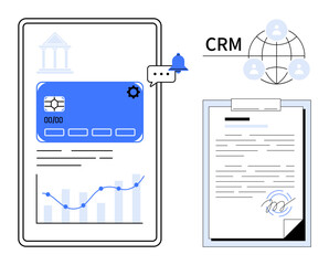 Tablet with credit card and analytics, notification bell, CRM network, signed document. Ideal for banking, finance, analytics, CRM digital platforms security business growth. Simple flat metaphor