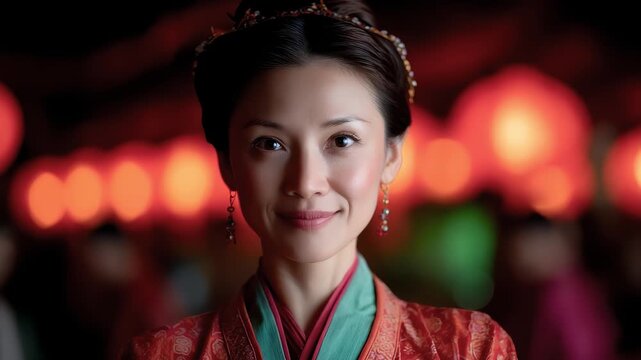Tang Dynasty Lady Smiling and Looking Back with Lantern Background Showing Classical Charm