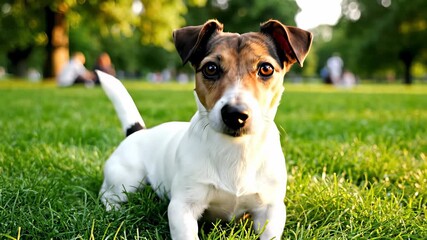 Three happy dogs relaxing in lush green grass, capturing the carefree concept of companionship and joyful playfulness, perfect for backgrounds or illustrations highlighting lifes simple.