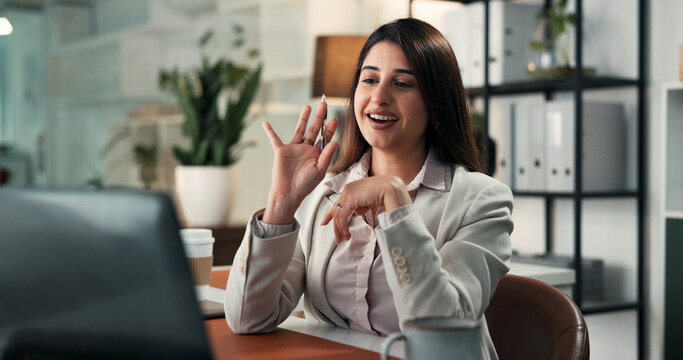 Woman, video call and wave with laptop at startup, smile and contact for virtual meeting at media company. Person, journalist and happy with computer, hello or online interview for story at agency