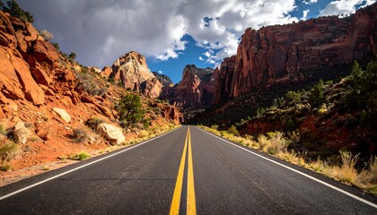 Open road through towering red rock formations under a cloudy sky