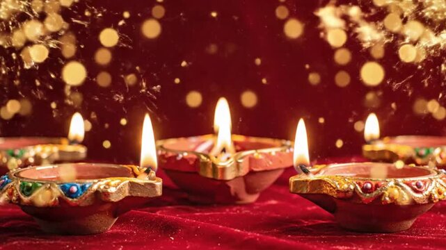 Close-up of multiple traditional clay oil lamps, beautifully adorned with colorful paint and gold accents, casting a radiant, warm glow. The steady flames illuminate a luxurious red velvet background,