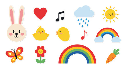 Cute cartoon spring and nature themed illustrations, including a bunny, chicks, sun, rain, rainbow, and more.