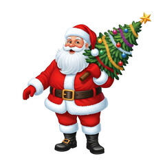 Fototapeta premium Santa claus carrying a decorated christmas tree on his shoulder