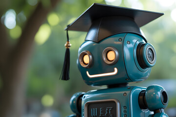 Academic Robot: A charming robot adorned with a graduation cap stands poised against a backdrop of natural greenery, evoking an atmosphere of advanced learning, technology and artificial intelligence.