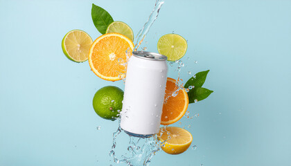 A blank white aluminum can is surrounded by halves of oranges, limes, and lemons, with a dynamic splash of water against a bright blue background.