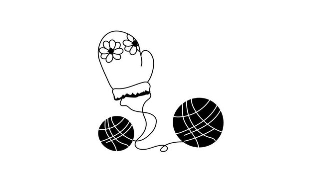 icon animation of a decorated knitting glove connected by strings to two balls of yarn