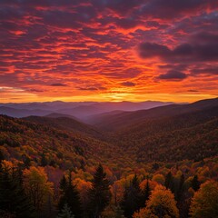 Mountain range at sunset with autumn foliage