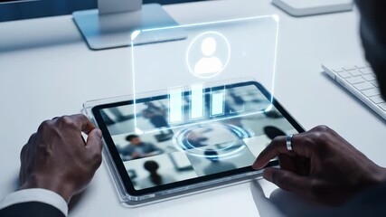 Professional hands interact with tablet displaying holographic user profile interface and authentication icons. Digital ar technology enables futuristic workspace management, secure login access - Powered by Adobe