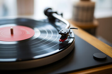 Vintage Vinyl: An intimate moment frozen in time, the photograph showcases a classic record player immersed in playing a vintage vinyl record.