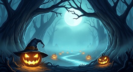 Enchanting halloween night with glowing jackolanterns illuminating a path through a spooky forest under a full moon, creating a magical atmosphere