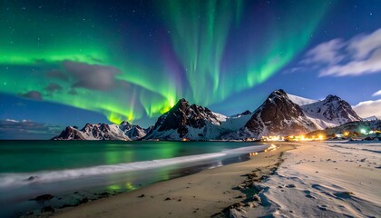 Stunning View of Northern Lights Over Mountains and Snowy Beach at Night