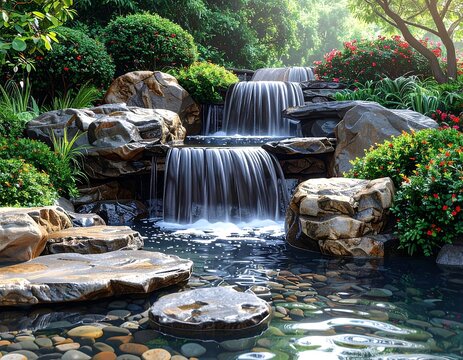 Lush cascade with multiple levels, reflecting sunlight and greenery