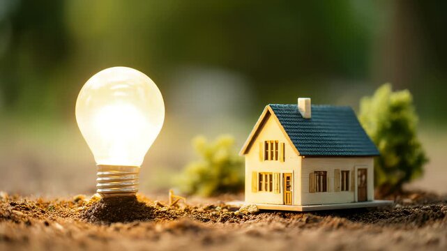 Smart house and environment, Small house model and light bulb on the ground for real estate, eco design , green electricity energy background