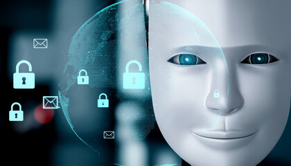 An AI-powered robot head with digital security encryption around the world concept, symbolizing the power of Artificial Intelligence