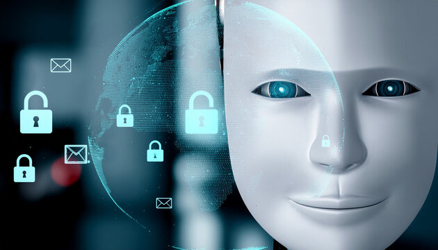 An AI-powered robot head with digital security encryption around the world concept, symbolizing the power of Artificial Intelligence - Powered by Adobe