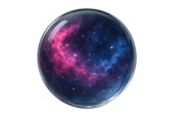 Cosmos and galaxy nebula inside a crystal glass sphere, abstract vision of universe, stars, and space, transparent background