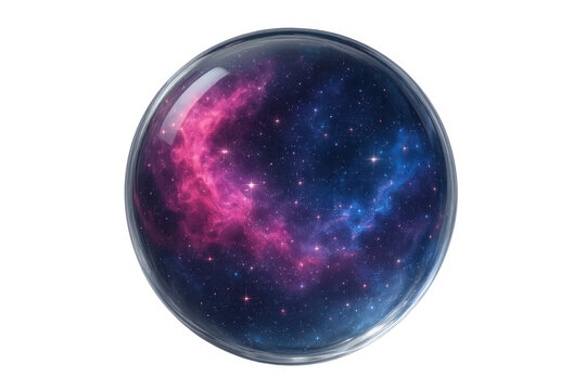 Cosmos and galaxy nebula inside a crystal glass sphere, abstract vision of universe, stars, and space, transparent background