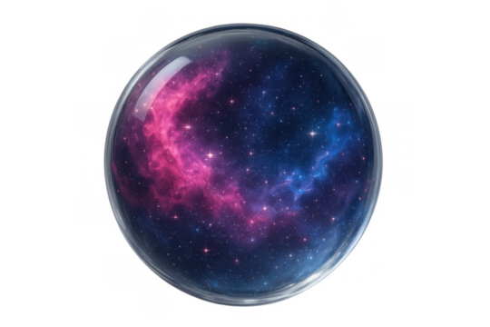 Cosmos and galaxy nebula inside a crystal glass sphere, abstract vision of universe, stars, and space, transparent background