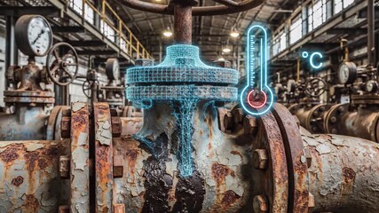 Industrial valve with digital temperature monitoring overlay in aged factory facility. Iot sensor technology measures thermal conditions on rusty pipeline equipment. Smart manufacturing automation