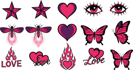 Love symbols collection, pink hearts, flame motifs, butterflies, stars, romantic icons, stylized eyes, bold design, grid layout, flat vector illustration