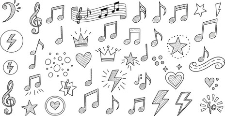 Music doodle illustration, treble and bass clefs, musical notes, whimsical sketch style, creative theme, flat vector design