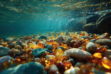The seabed is strewn with pebbles and amber. The sun's rays illuminate the amber stones on the bottom.