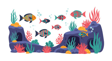 Fototapeta premium Colorful fish and coral reefs populate a vibrant underwater ocean scene with various marine plants and rocky formations.