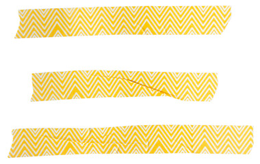 Set of ripped torn striped yellow adhesive tape on transparent background, washi tape design element