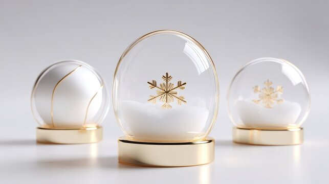 Elegant snow globe ornament with transparent glass dome, gold accents, minimalist design, perfect for holiday decor, gifting, and stylish interior decoration