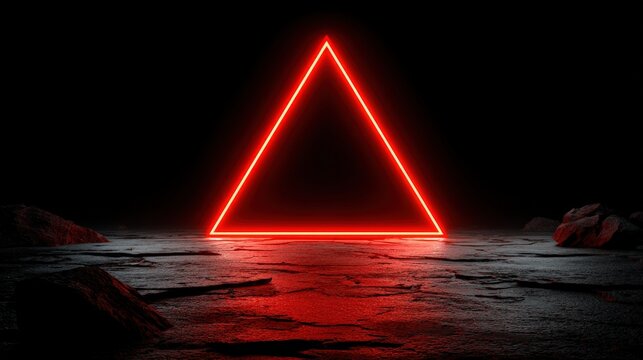 Modern neon red laser triangle glowing on dark reflective surface with artistic geometric design, vibrant colors, innovative visual effects, and stylish digital art