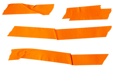 Set of ripped torn paper adhesive orange masking tape on transparent background