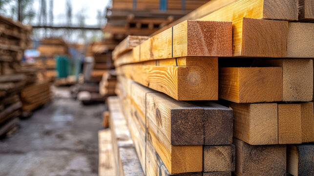 wood planks and building materials stacked in outdoor construction market, organized retail storage