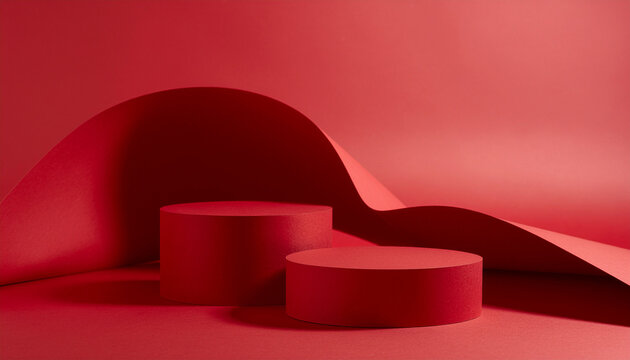 Two red, round product display pedestals (podiums) set against a monochromatic red background with elegant, sweeping curves of paper or fabric.