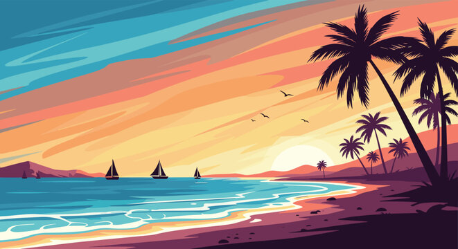 A vibrant pixel art illustration of a tropical beach sunset with palm trees, sailboats on the ocean, and a colorful sky.
