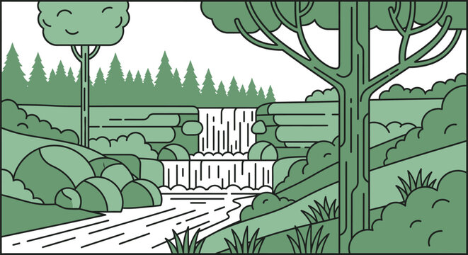 Stunning waterfall scene with lush forest and vibrant green foliage - Powered by Adobe