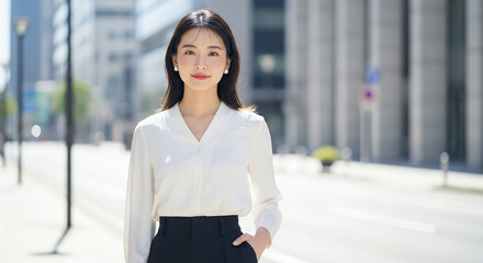 East Asian-inspired woman wearing a clean white blouse and high-waist pants with straight hair and natural soft makeup, photographed in a bright urban environment with a clean modern aesthetic