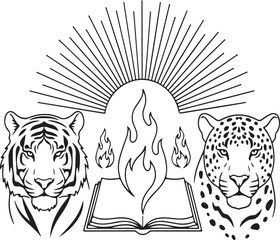 Tiger and leopard with flaming book illustration, power wisdom enlightenment line art design